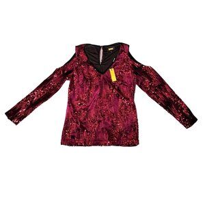 NWT ALEXIA ADMOR Sequin Velvet Cold Shoulder Top V-Neck Red Size Medium